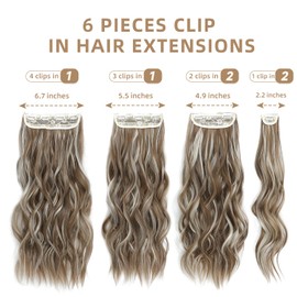 FLIACE Hair Extensions Clip ins, 6 PCS Wavy Extensions, Light Brown&Ash Blonde Thick Hairpieces, Blends Well Hair Extensions (20Inch, 6PCS, Light Brown&Ash Blonde)
