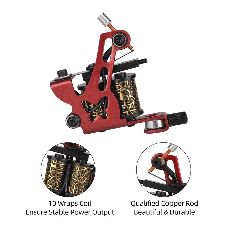 10 Wraps Coil Tattoo Machine Iron Frame Red Hollow Butterfly