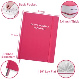 Daily & Monthly Planner for 2025 or Anytime - ADHD Planner Two Pages Per Day, Daily Planner Undated to Increase Focus, Eliminate Overwhelm, Achieve Your Biggest Goals, 8.5'' × 11'', Pink