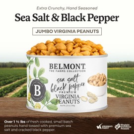 Belmont Peanuts Gourmet Sea Salt and Black Pepper Flavored Virginia Peanuts, 25 oz (1 Pack) – Only 4 Simple Ingredients, No Preservatives, 7g Protein – Salty, Peppery, Crunchy, Hand Seasoned Snack