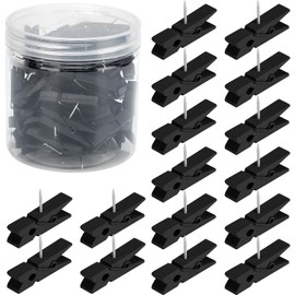 Senkary 60 Pieces Black Push Pins with Wooden Clips, Clothespin Pushpins Cute Decorative Thumb Tacks for Cork Board, Bulletin Board, Photos, Crafts, Classroom Office