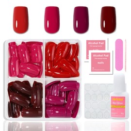 96 Pieces Press On Nails, Short Square, French False Nails for Sticking, False Nails Tips Set, Nail Art, Manicure, Fake Nails, Natural & Comfortable to Wear for Women (Red, Medium)