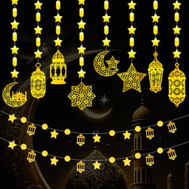 Pack of 8 Ramadan Decorative Eid Garland Decoration, Ramadan Mubarak Banner, Gold Star Moon Ramadan Decorations, Coarse Version Lantern Ornament, 4 Metres, Ramadan Kareem Decoration, Decoration for