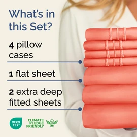 CGK Unlimited Extra Deep Split King Sheet Set - 7 Piece Breathable & Cooling Sheets - Hotel Luxury Bedding Set w/18-24 Inch Extra Deep Pockets - Easy Fit - Super Soft, Wrinkle Free & Comfy - Coral, Split King Size