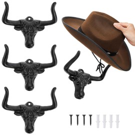 Foraineam 4 Pack Cowboy Hat Rack for Wall, Animal Head Metal Cowboy Hat Hanger Cap Holder, Cast Iron Western Longhorn Hooks for Closet Bedroom Living Room Hats Storage and Display Rustic Men's Gift