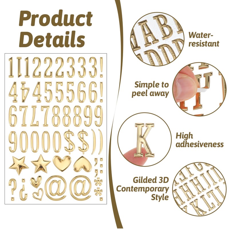 Gold Letter Stickers, 6 Sheets 1 Inch 3D Self Adhesive