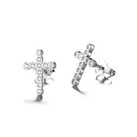 Sterling Silver Dainty Cross Earrings with Crystals
