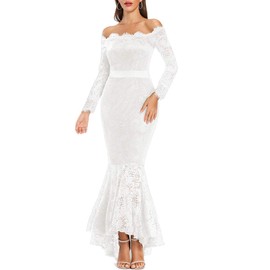 LALAGEN Women's Floral Lace Long Sleeve Off Shoulder Wedding Mermaid Dress White L