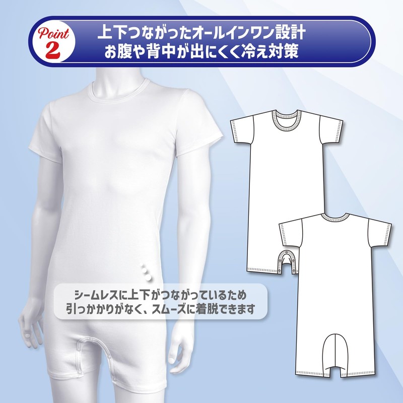 [RYO...] 【2枚組】介護 肌着 ロンパース 大人 男性 下着 ワンタッチ ホック つなぎ