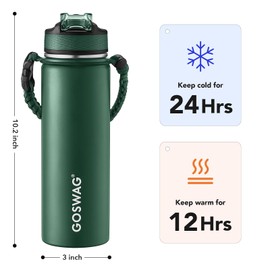 GOSWAG Insulated Sports Water Bottle, 24oz 2 Lids(with Straw/No Straw), Stainless Steel Water Bottles with Paracord Handle, Insulated Thermos with Double-Wall Vacuum Insulation Visit the GOSWAG Store