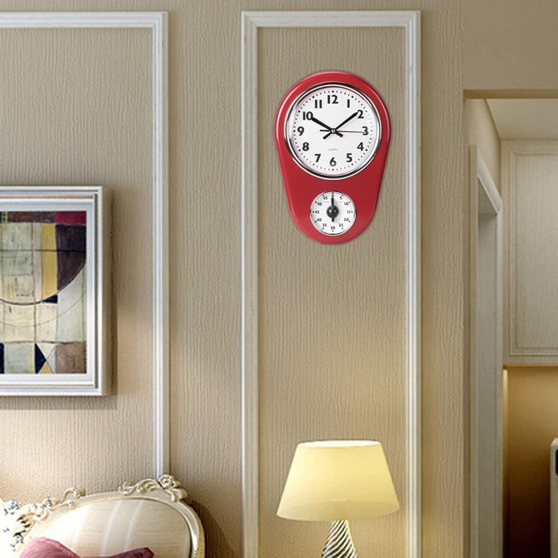KIMISS Kitchen Wall Clock with Timer Red Kitchen Wall Clock