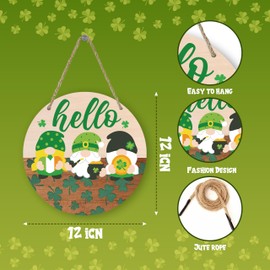 St. Patrick’s Day Hanging Wooden Door Sign, Gnomes Shamrock Luck of the Irish St. Patrick’s Day Decorations, March Door Decor for Home Office, Festive St. Patrick's Day Decor (12"x 12")