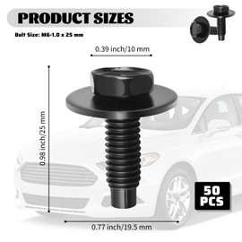 50PCS M6-1.0 x 25mm Car Rear/Front Bumper Hex Bolts,Durable M6 Bolt Replacement OEM W5220822-S426/1016937,Sturdy 10mm Bolt with 19.5mm Spacer for Car Splash Guard/Mud Guards (50PCS)