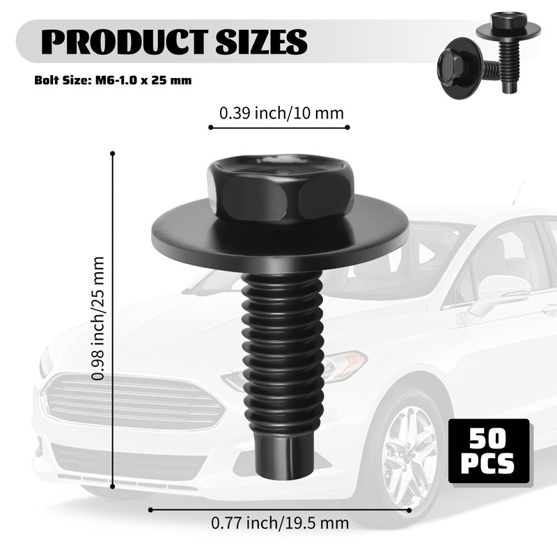 50PCS M6-1.0 x 25mm Car Rear/Front Bumper Hex Bolts,Durable M6