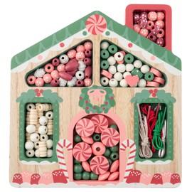 Stephen Joseph, Wooden Holiday Bead Kit for Kids, 125 Wooden Beads with 4 Necklace and 4 Bracelet Cords with Reusable Wooden Tray, Premium Wood Jewelry Making Kit for Kids, Gingerbread House