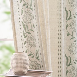 TOPICK Floral Embroidery Linen Look Pencil Pleat Curtains for Windows Bedroom 72 Inch Drop, Light Filtering Voile Curtains, Semi Transparent Sheer Living Room Curtain 2 Panels, 50W x 72L Inch, Green