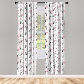 Lunarable Panda Window Curtains, Cartoon Style Bear Drawings Pinkish Foliage Leaves Chinese, Lightweight Decor 2-Panel Set with Rod Pocket, Pair of - 28" x 63", Pink Black