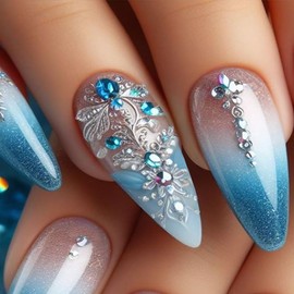 Blue Press on Nails Medium Almond Fake Nails Ombre Acrylic Nails with Luxury 3D Lace Rhinestone Nails Designs Glue on Nails Full Cover Gradation False Nails for Women Manicure 24Pcs