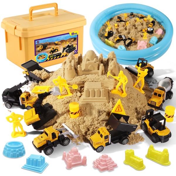 Play Construction Sand Kit,2.2lbs Magic Sand,8 Alloy Construction Vehicles,1 Inflatable Sandbox,8 Worker Figures and Road Signs,6 Castle Molds,1 Storage Box, Sensory Toys for Kids Ages 3 and up