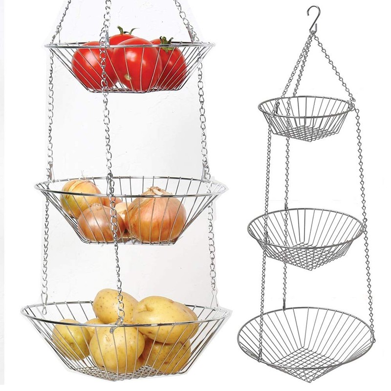 3 Tier Fruit Basket, Vegetable Kitchen Storage Basket Chain Hanging