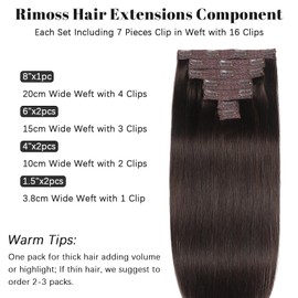 Extensiones de cabello con clip, cabello humano real, cabello humano Remy de primera calidad de color marrón oscuro, extensiones de cabello liso, 7 piezas suaves, cabello humano real con clip para