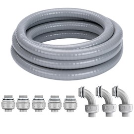 Geowaky 1/2 Inch 100 FT Liquid-Tight Conduit and Connector Kit Non Metallic Flexible Conduit Electrical Kit - 5 Straight and 5 Angle Fittings Included for Electrical Wiring
