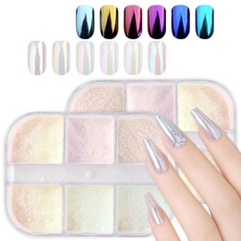 6 Colors Chrome Nail Powder, Metallic Mirror Effect Aurora Glitter Chrome Nail Powder for Gel Nail Polish, Neon Mermaid Pearl Nail Powder for Nail Art Design (2 Pcs)