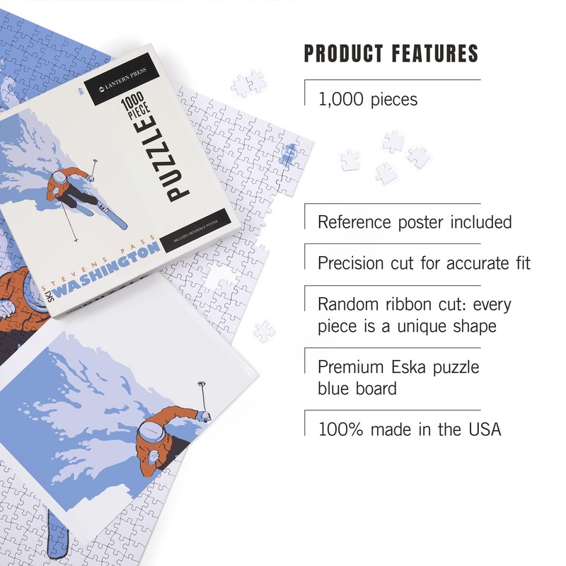 Lantern Press 1000 Piece Jigsaw Puzzle, Stylized Skier, Stevens Pass,