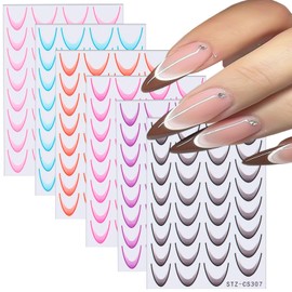 LOPMNGHT 6 Sheets French Colorful Nail Art Stickers 3D Self-Adhesive Lines Gradient Nail Art Decal Pink Blue Purple Orange Black Rose Pink Design Nail Decoration Nail Art Supplies for Women