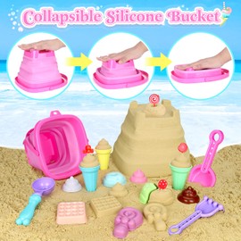 Meaicezli Collapsible Beach Toys Set for Kids Toddlers Girls, Collapsible Sand Bucket and Shovels Set with Mesh Bag & Sand Molds, Ice Cream Travel Sand Toys for Beach, Sandbox Toys for Toddlers Kids Age 3-10