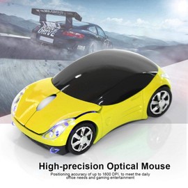 Dpofirs 2.4G Car Shaped Wireless Mouse, 1600DPI Optical Mouse, 2.4GHz Wireless Transmission, 3 Buttons with Scroll Wheel, for PC, Laptop, Tablet, Gaming Office (Yellow)