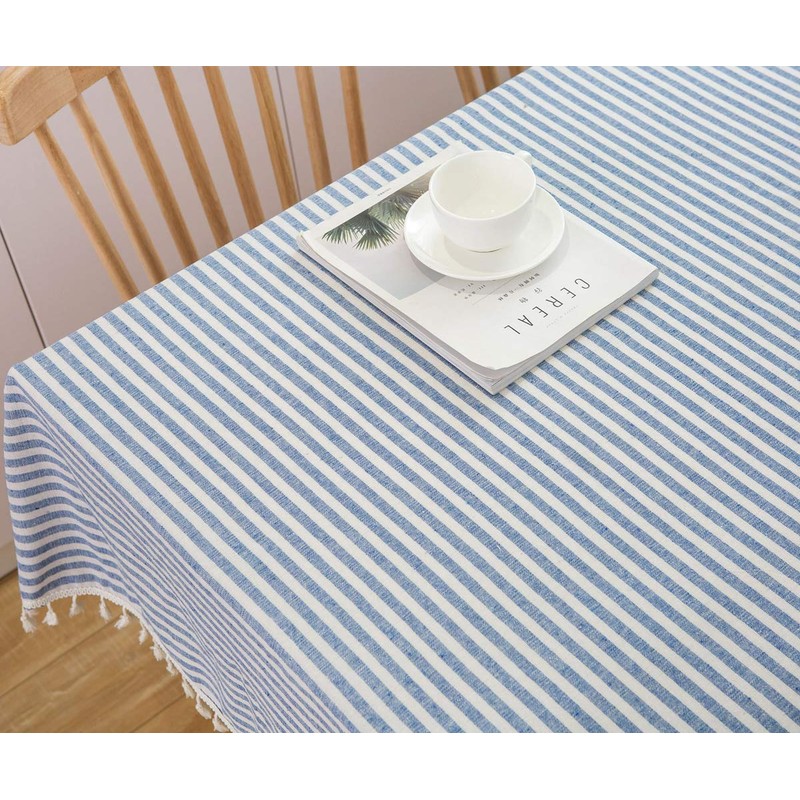 Plenmor Cotton Linen Table Cloth Stripe Tassel Square Tablecloth Dust-Proof