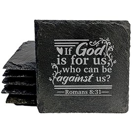 Faith and Hope: Laser Etched Faith-Based Inspiration: "If God is for Us" Coasters - Square Slate - set of 5