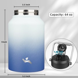 Konokyo Half Gallon Jug with Handle,64 oz Insulated Water Bottle with Carrying Pouch,Double Wall Vacuum Stainless Steel Metal Bottle,Sky