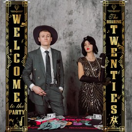 Avezano Roaring 20s Party Decorations - 2 Pack Gold 71"L x 12"W Roaring Twenties Welcome Banner - Jazz/Gatsby/Speakeasy Party Decor - Polyester Fabric