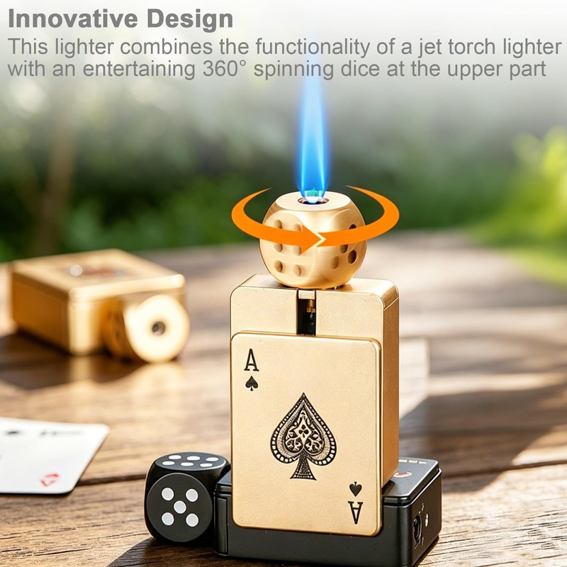 Black Spade A Card Lighter with 360° Spinning Dice, Jet