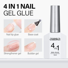 AILLSA 2PCS Gel Nail Glue for Acrylic Nails, 4 in 1 Super Strong Adhesive for False Tips, UV Curing Needed, 15ml High Capacity Extension Brush On for Rhinestone Pearl Foil