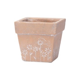 Napco Imports Engraved Flowers 5.5 x 5.5 Inch Sepia Brown Concrete Indoor Outdoor Planter Pot