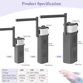 VILLNO 10W Powerful Aquarium Filter, Adjustable Filter for 5-20Gal Fish Tank with Biochemical Sponges, Submersible Fish/Turtle Water Filters, Filtration/Oxygenation/Water Cycle 3in1 Filter