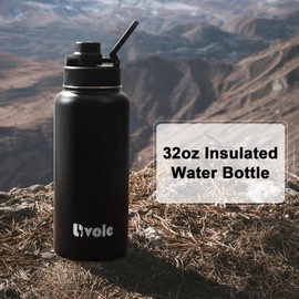 Livole Stainless Steel Water Bottle for Women, Men, 32oz 950ml Insulated Water Bottles for Sports, Gym, Travel, Climbing, Vacuum Metal Water Bottle with Straw and 2 Lids, Bottle Carrier, Black