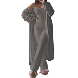 Fixmatti Women's Fuzzy 3 Piece Sweatsuit Open Front Cardigan Crop Tank Tops Wide Legs Pants Lounge Sets, 1-dark Grey, Small