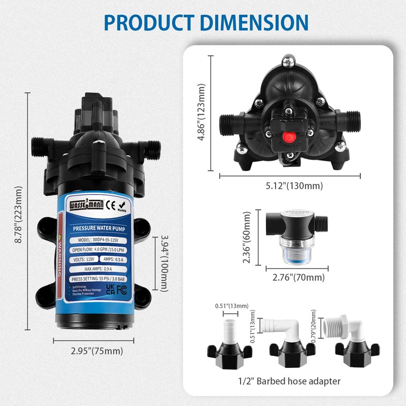 WASSERMANN Water Pressure Pump 115 Volt AC 4.0GPM 55PSI,Water Pump