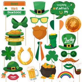 St. Patrick's Day Photo Booth Props, 24 Pcs St Patricks Day Decorations Irish Shamrock Selfie Props, Irish Day Photography Green Photo Booth Props for Women Man Saint Patrick's Day Party Decorations