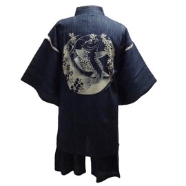 Edoten Men's Jinbei, Seersucker, Cool, Summer, 100% Cotton, Discharge Printing, Original Pattern, Carp, Sea Bream, Goldfish, Butterfly, Crane, Turtle Hawk, Zigzag, Rabbit, Shiba - Casual Carp and Branch Hanging Cherry Blossom, Black