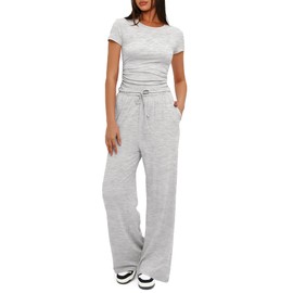 Darong Women's 2 Piece Trendy Outfits Relaxed Fit T Shirts and Long Pants Matching Sets Cozy Tracksuit Sets 9042B White Grey XL