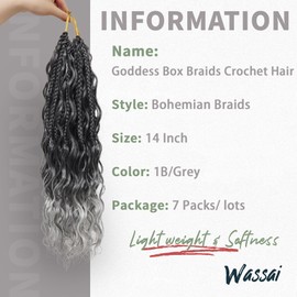 7 Packs Grey Crochet Box Braids Curly Ends 14 Inch Goddess Box Braids Crochet Hair 3X Bohemian Hippie Crochet Braids for Woman, 1B/Gray Braiding Hair Extensions
