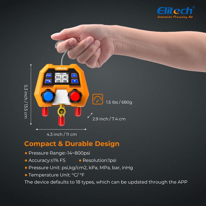Elitech Digital Manifold Gauge for HVAC, Refrigeration & AC Systems