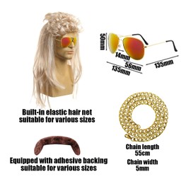 1 80's Men's Wig, 1 Men's Fake Beard, 1 Sunglasses, 1 Chain, 80's Men's Accessories, Men's Dress up Clothing Set