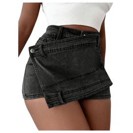 SHENHE Women's Vintage Mini Denim Skorts Wrap Overlay Irregular Stretchy Cargo Shorts Black XL