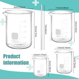 Jetec 5 Pieces Borosilicate Glass Lab Beaker with Stirring Rod, 4 Sizes of 50/100/250/500 ml Thick Glass Beakers for Science Lab Chemistry Supplies